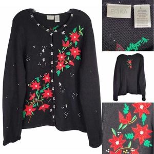 Erika Vintage Cardigan Sweater Womens Size L Black Red Christmas Sweater Cotton